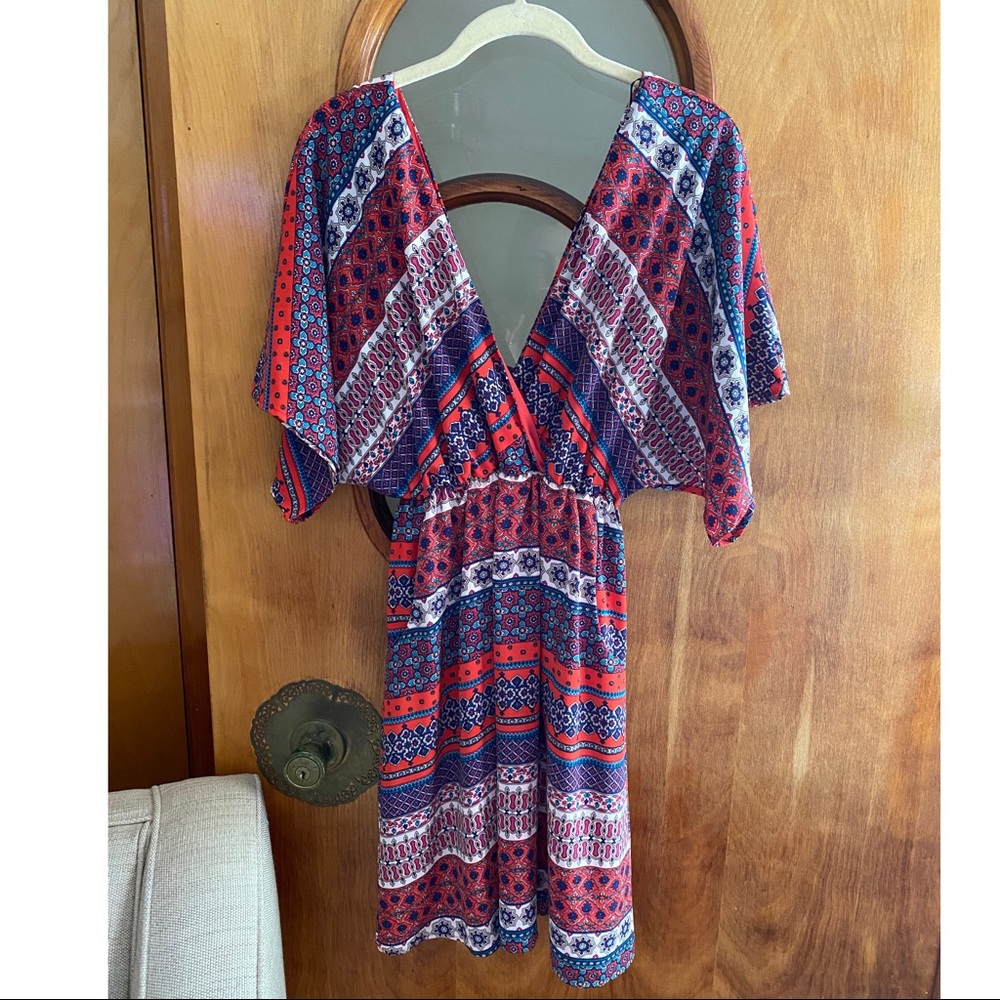 Mi Ami Red Floral Print V-neck Mini Dress